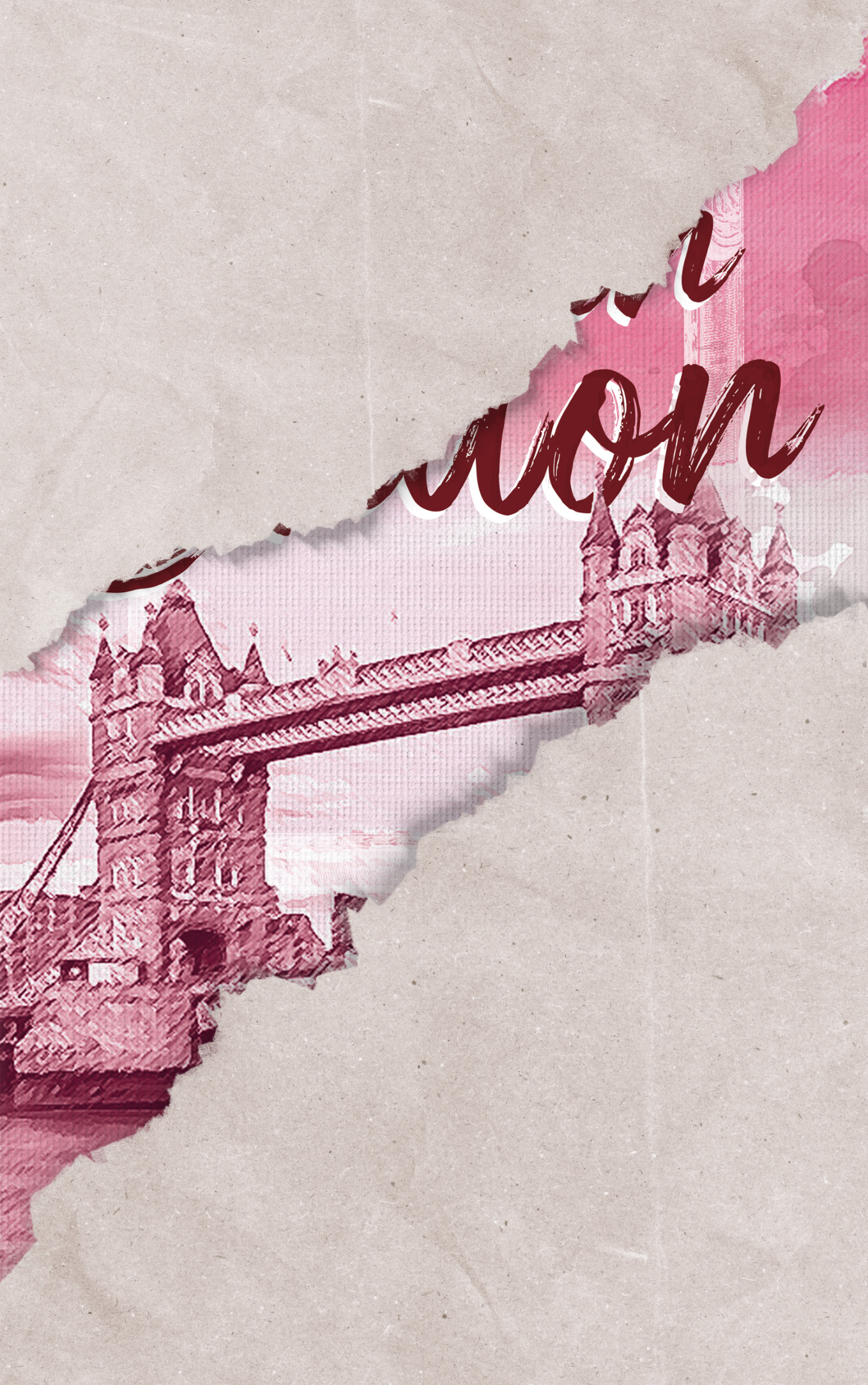 This image shows a preview of the Lost in London by Ally Bloom book cover, which shows brown construction paper on the corners, only exposing a sliver of the center image of a bridge in London. 